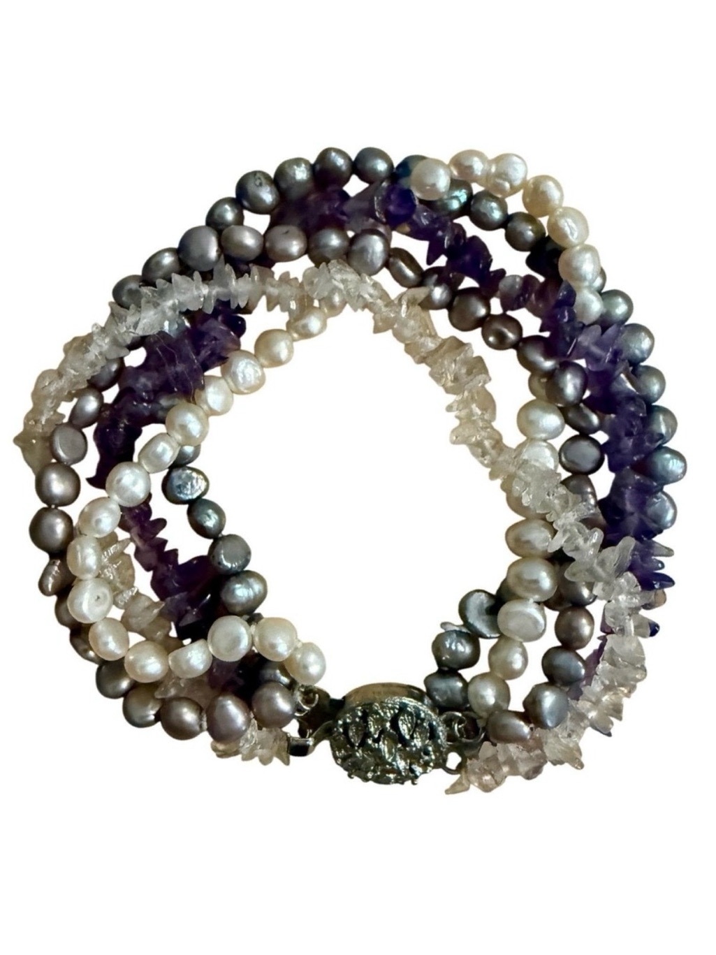 Vintage Pearl & Crystal Bracelet 90s 80s Freshwater Pearl Amethyst Quartz Fairy